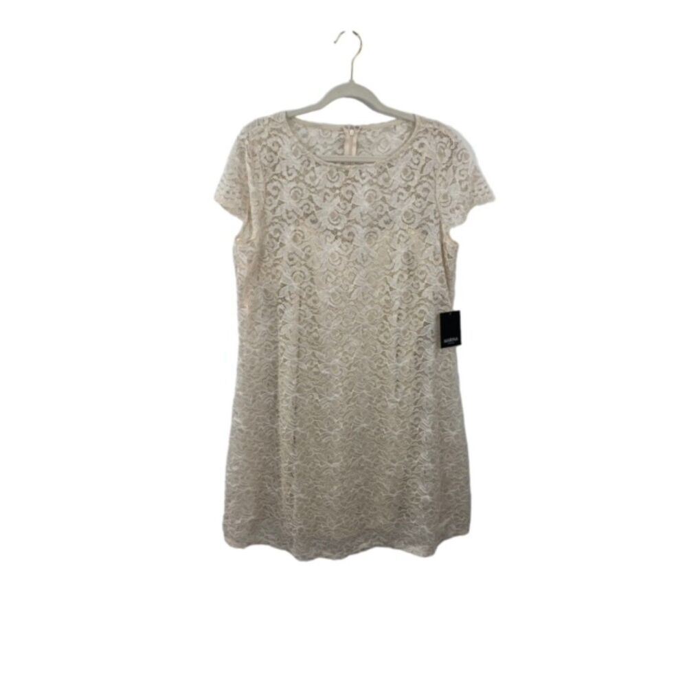 NWT Marina Taupe Lace Metallic Shimmer Illusion A-Line Cocktail Dress Size 16W